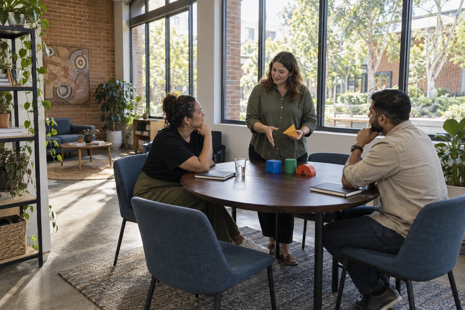 Practitioners discussing their work around a table.