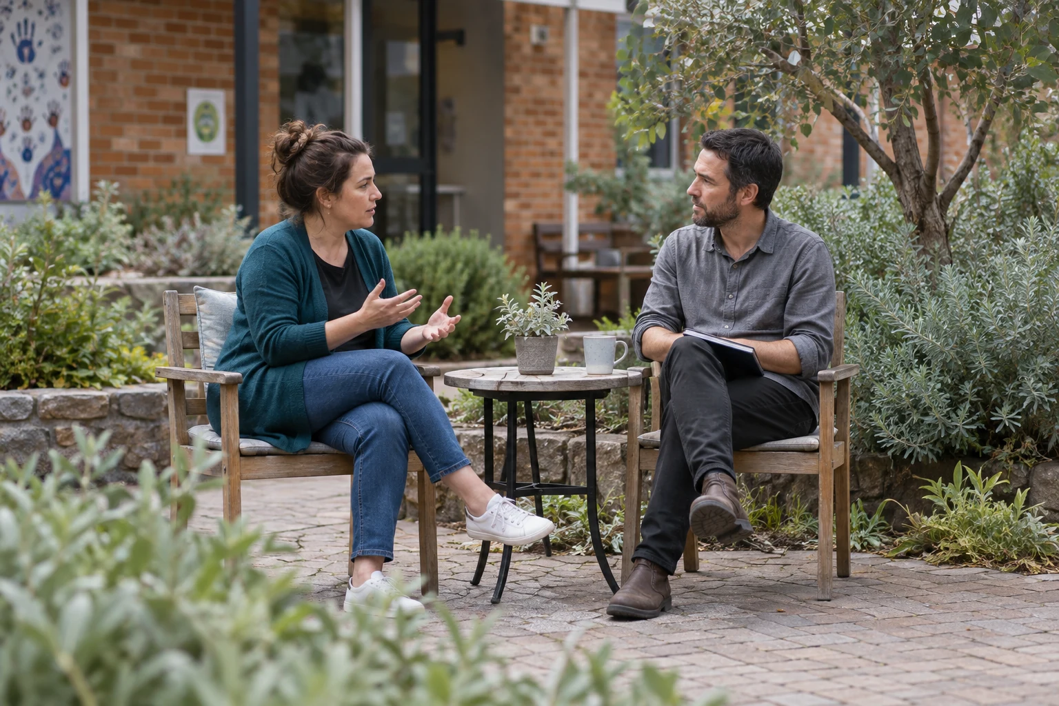 A parent and practitioner talking in a courtyard.