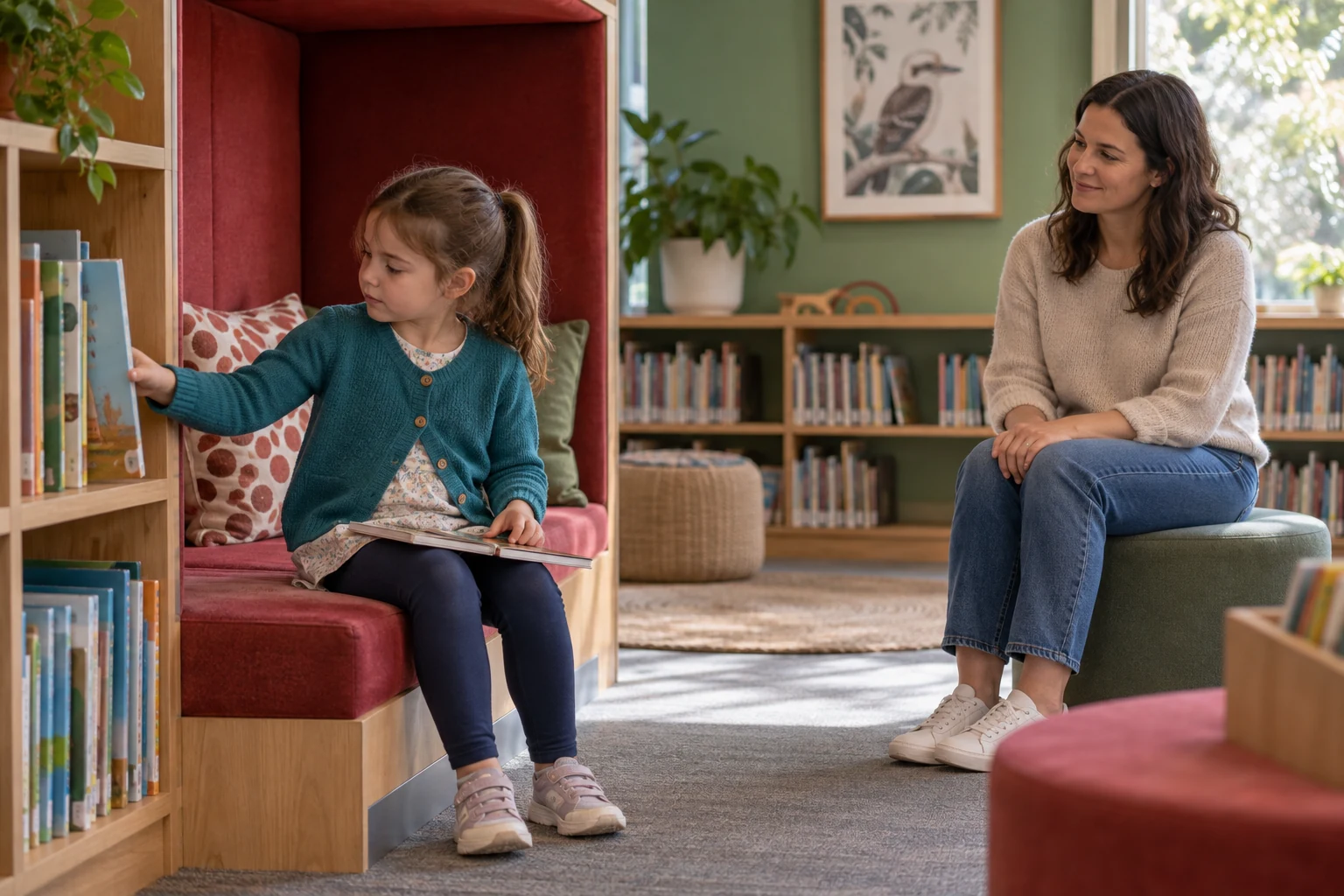A child choosing a book with an adult nearby.
