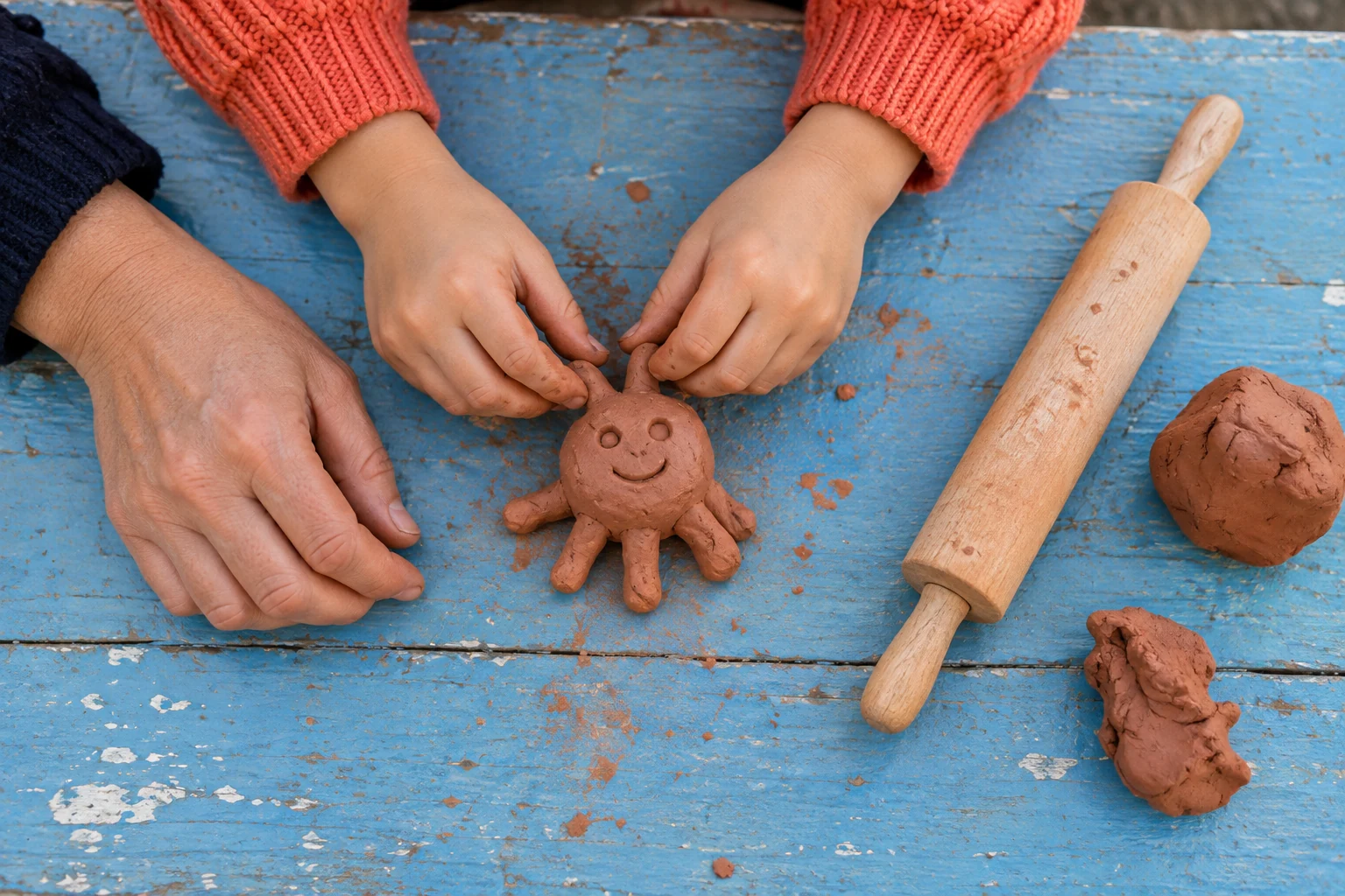 A child shaping clay while an adult follows their lead.