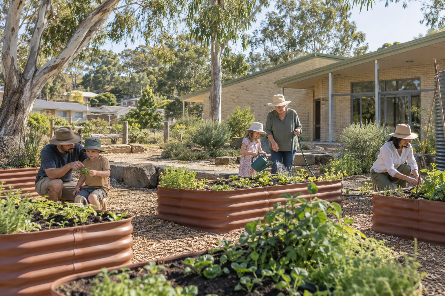 Families connecting in a community garden.