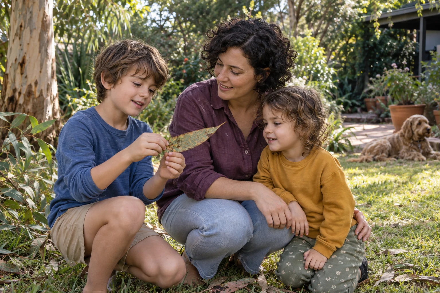A family exploring leaves together in a garden.