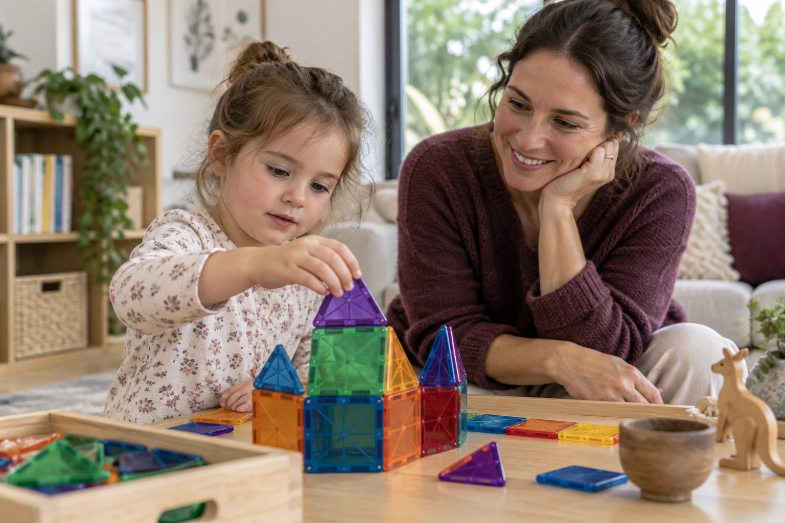 A child building with colourful tiles while a parent follows their lead.