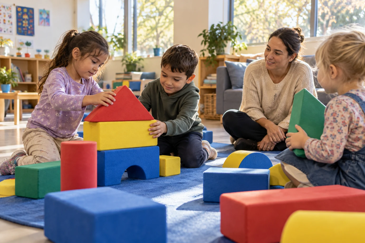 Children working together on a large construction activity.