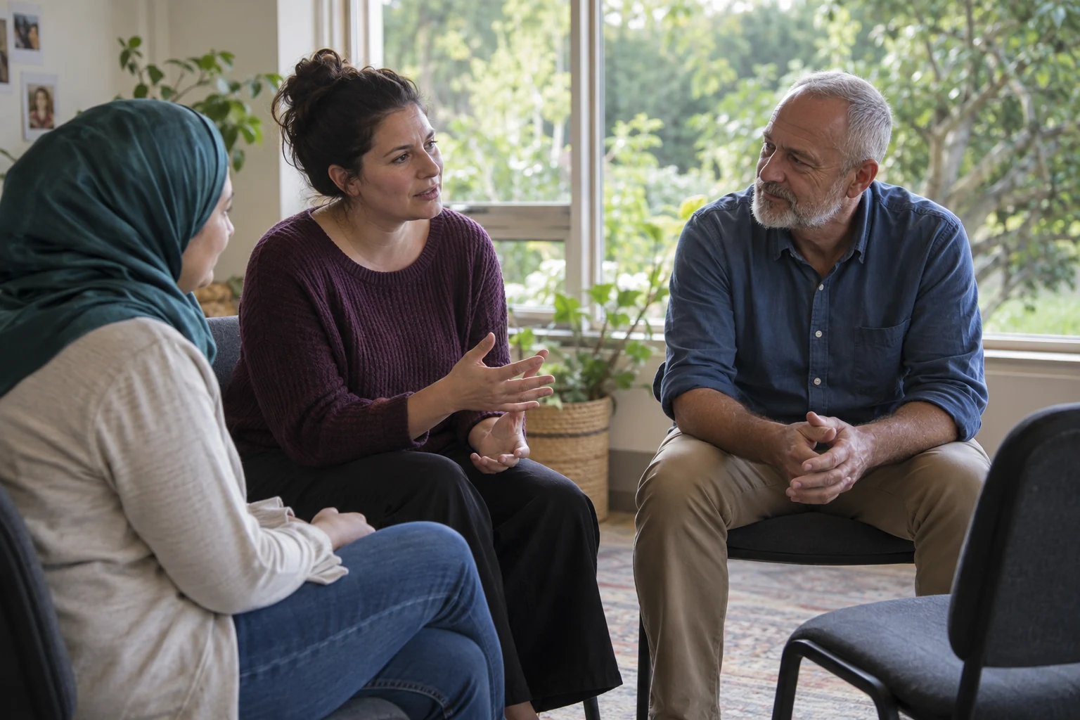 Parents sharing a relaxed conversation in a supportive group.