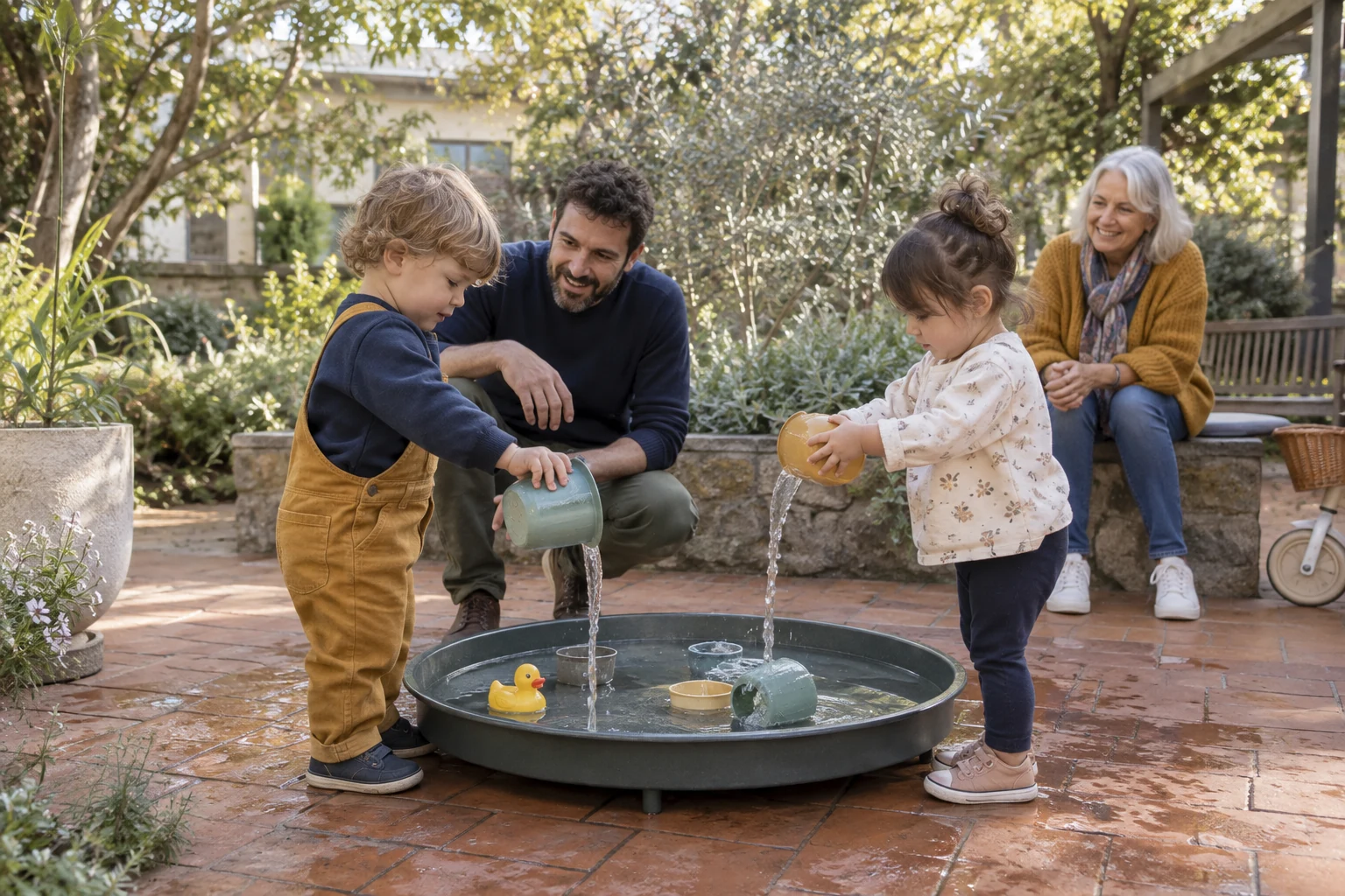Toddlers and carers exploring a shallow water-play tray together.
