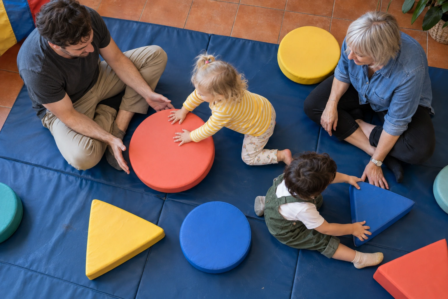 Young children exploring shapes together with their carers.
