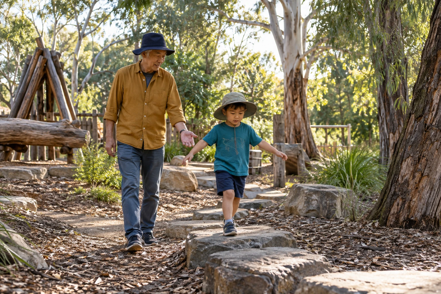 A child and grandparent exploring stepping stones outdoors.