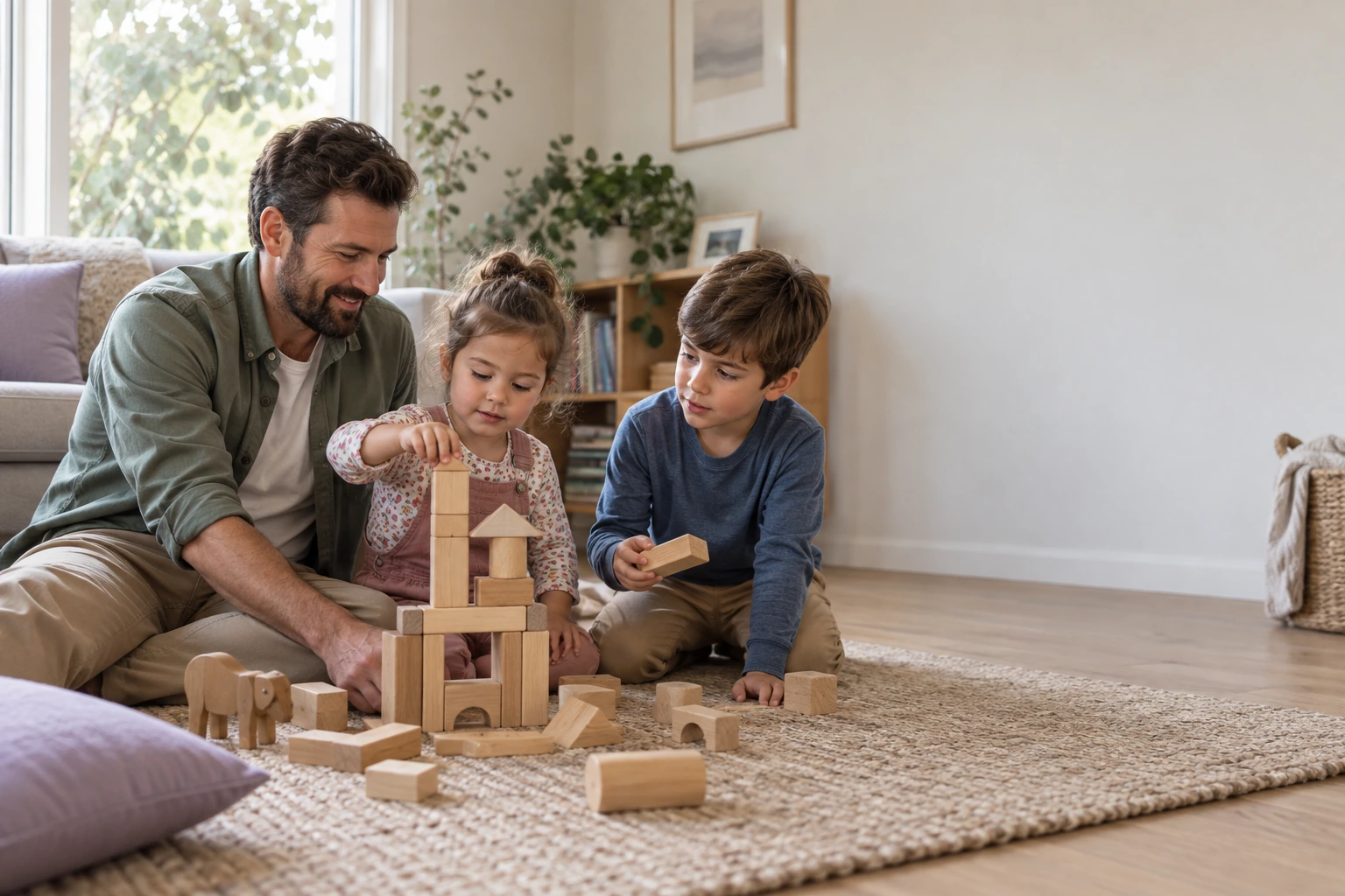 A father and two children building together through play.