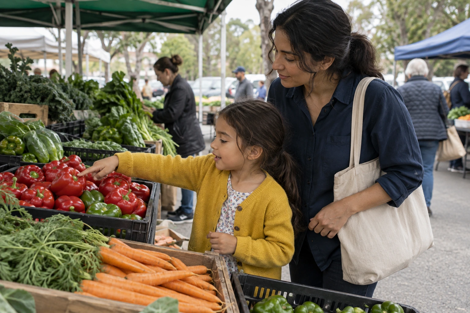 A parent and child choosing produce together.