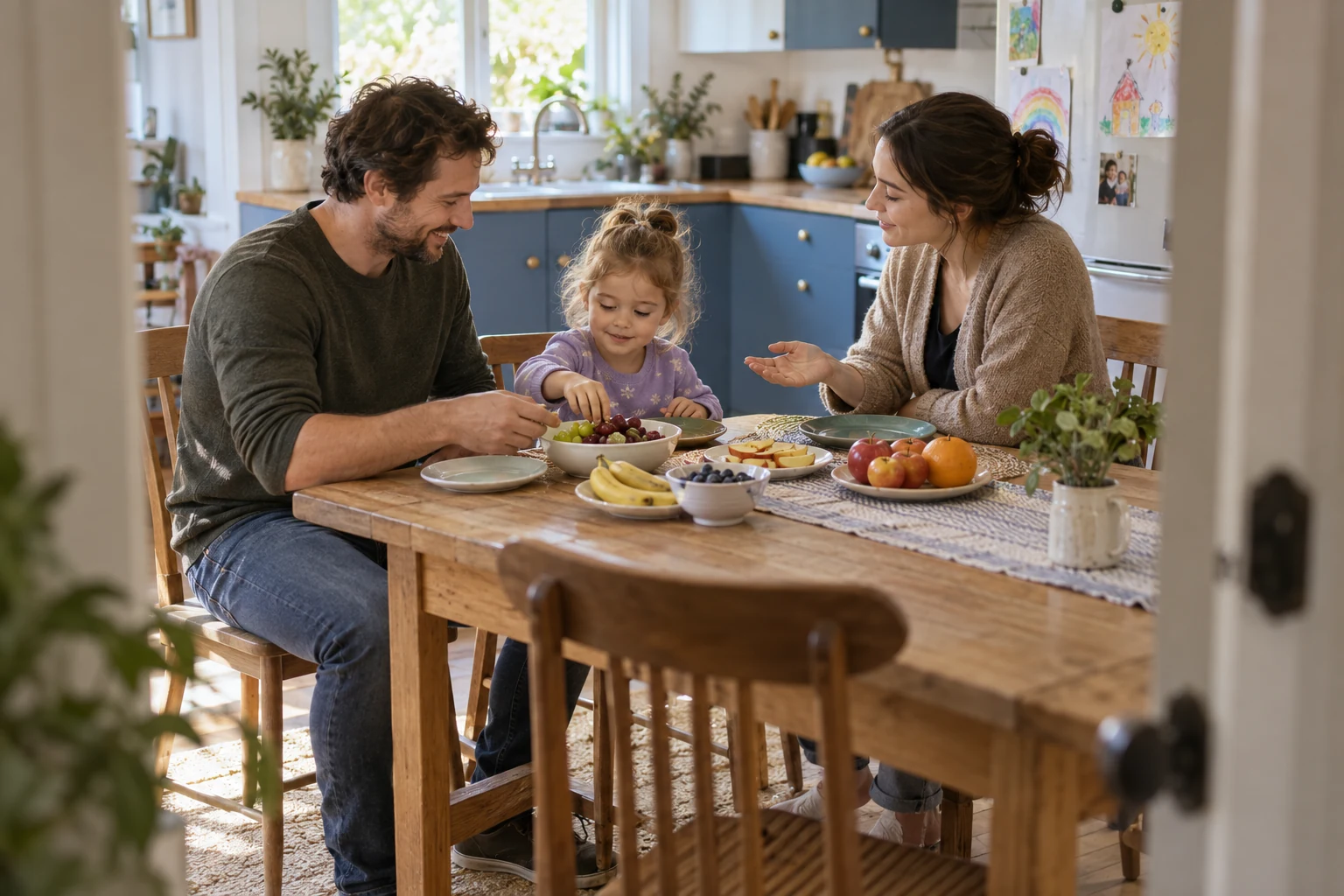 A practitioner supporting a parent and child at home.