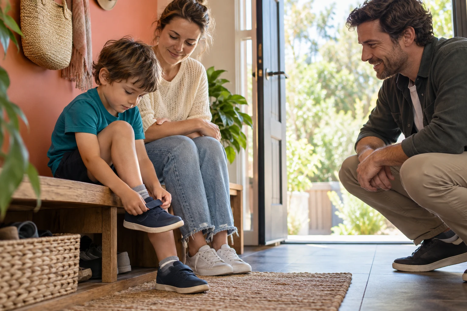A child practising putting on shoes with a parent nearby at home.