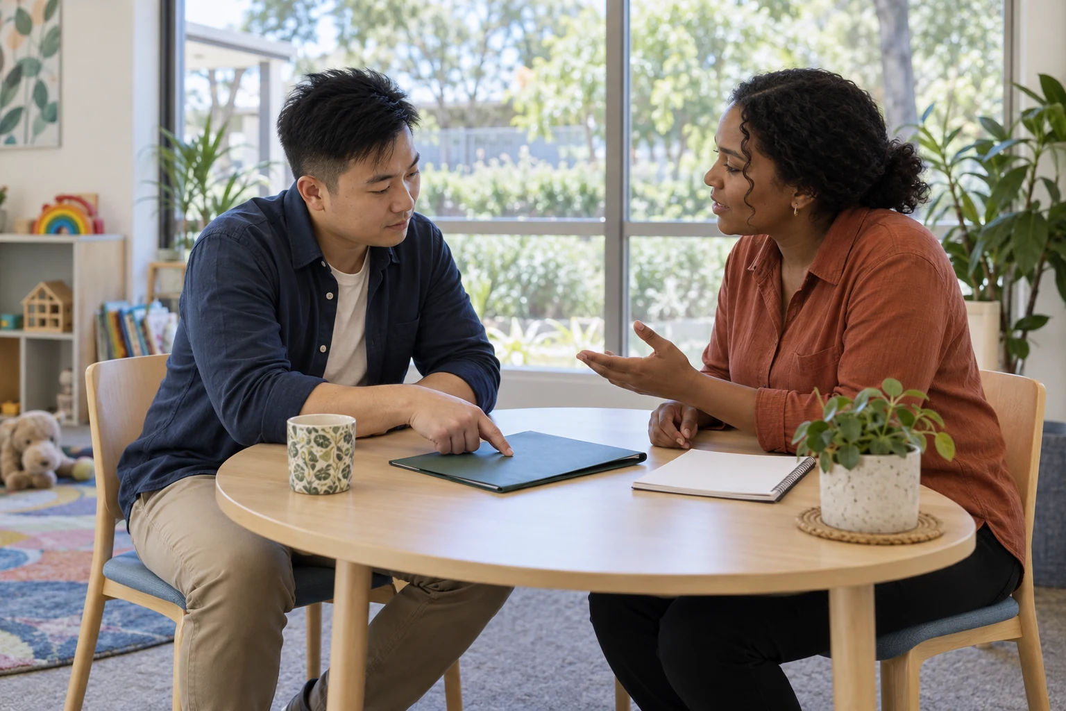 A parent and practitioner considering support options together.