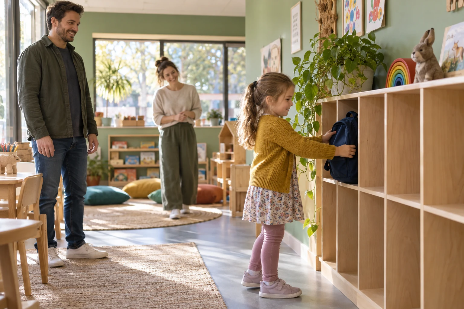 A child practising a school arrival routine with a parent and educator.