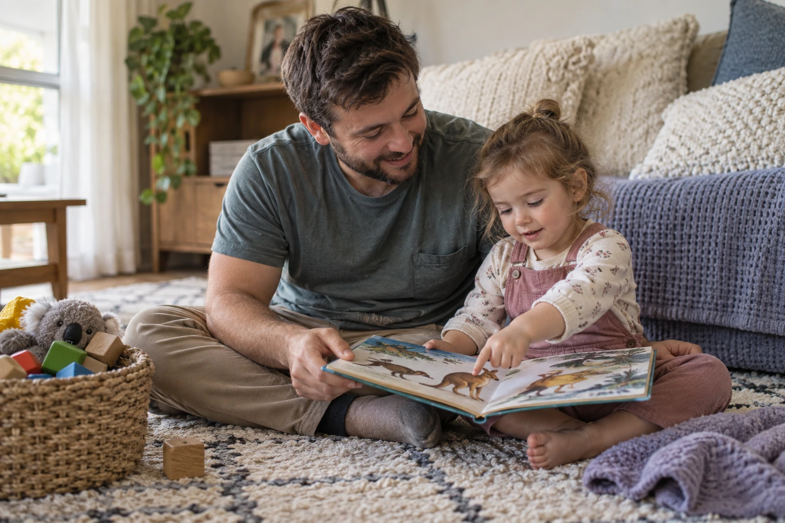 A parent and child sharing a picture book.