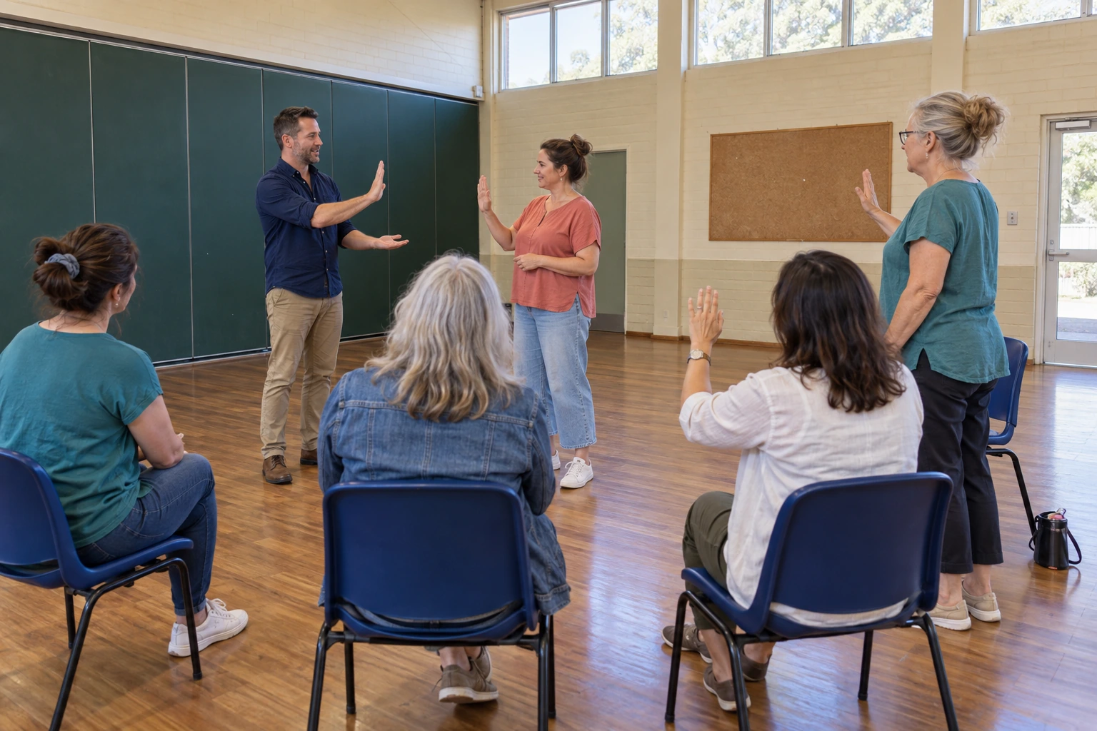 Parents practising a strategy together during a workshop.