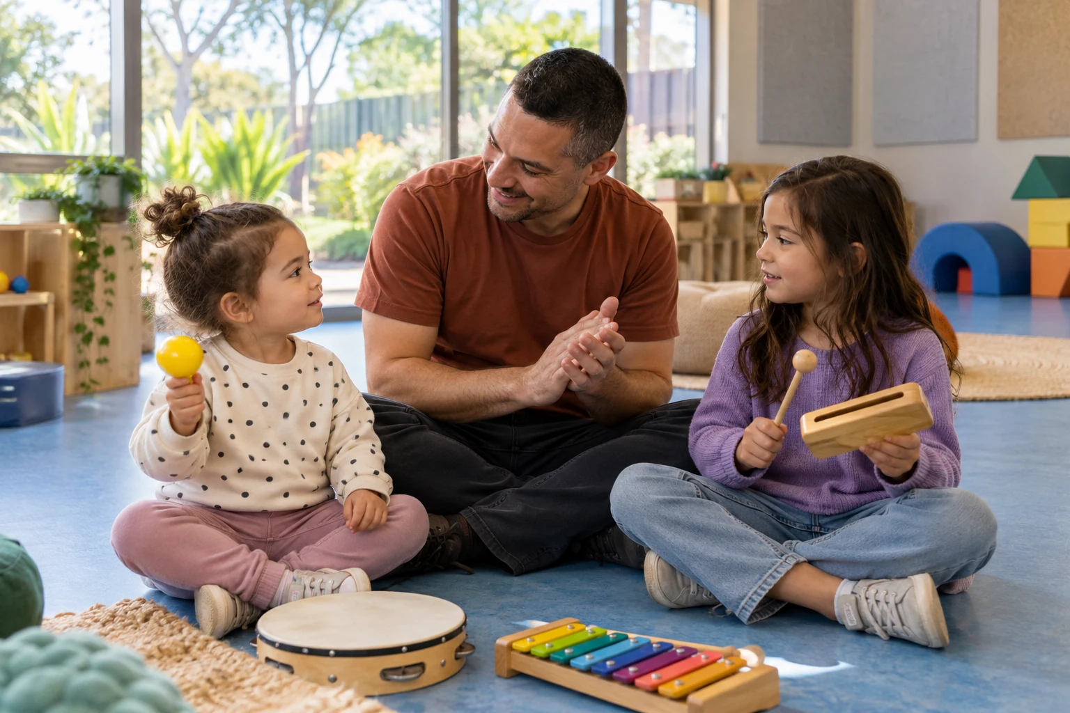 A parent and two children exploring sounds together in a community play space.