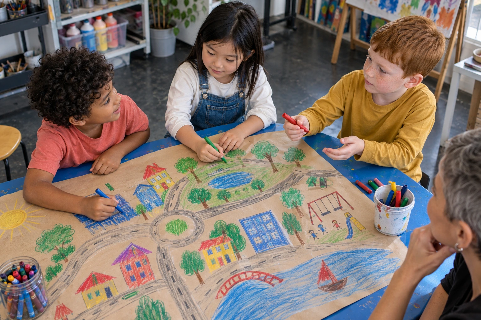 Children creating a shared drawing and taking turns.